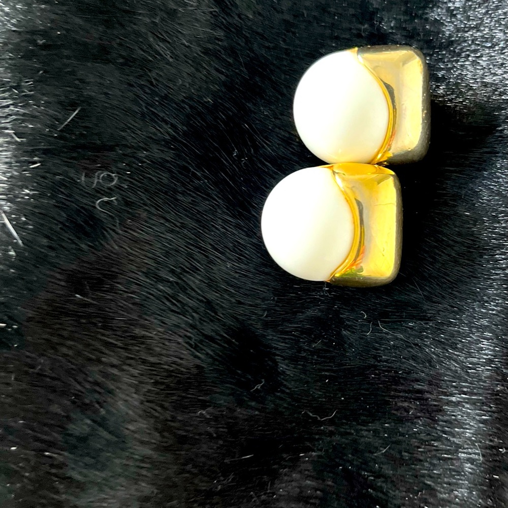 Vintage Pierre Cardin Ivory Enamel & Gold Clip On Earrings